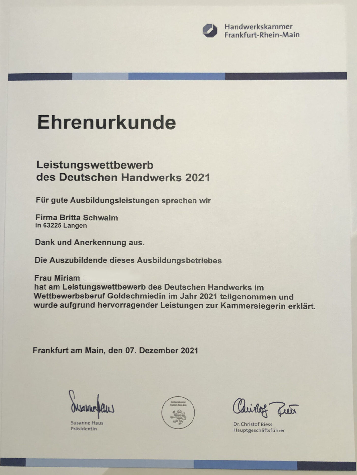 Ehrenurkunde im Leistungswettbewerb